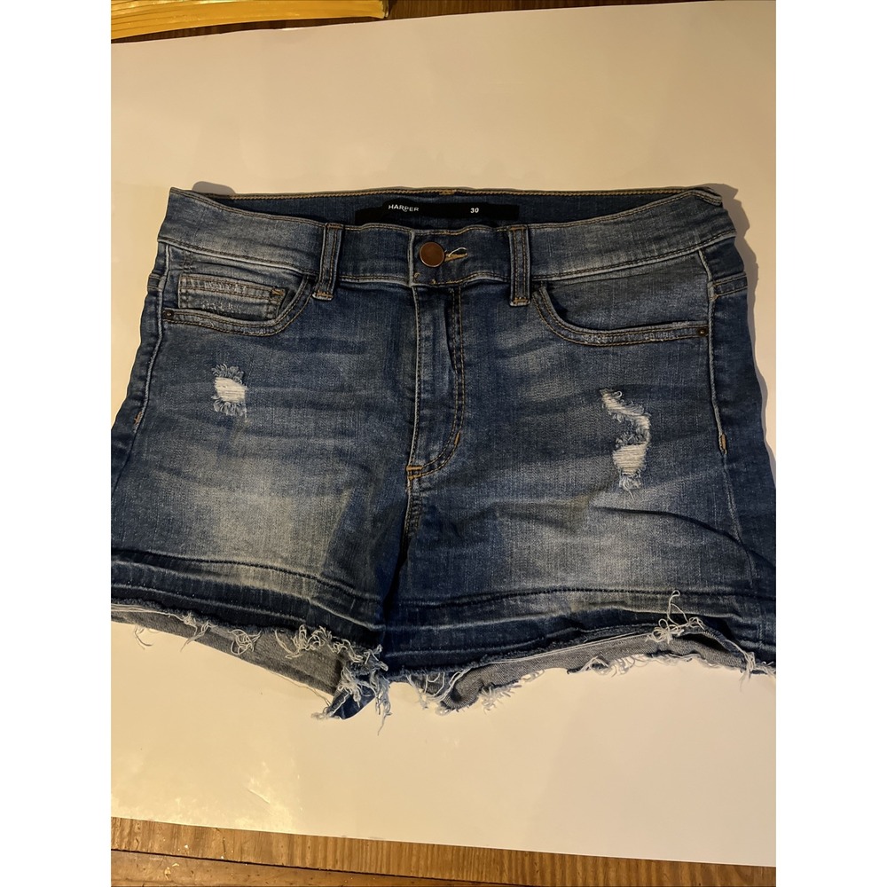 Harper Blue Jean Shorts Women’s Size 30 Stretch Distressed Fringe Ladies Denim